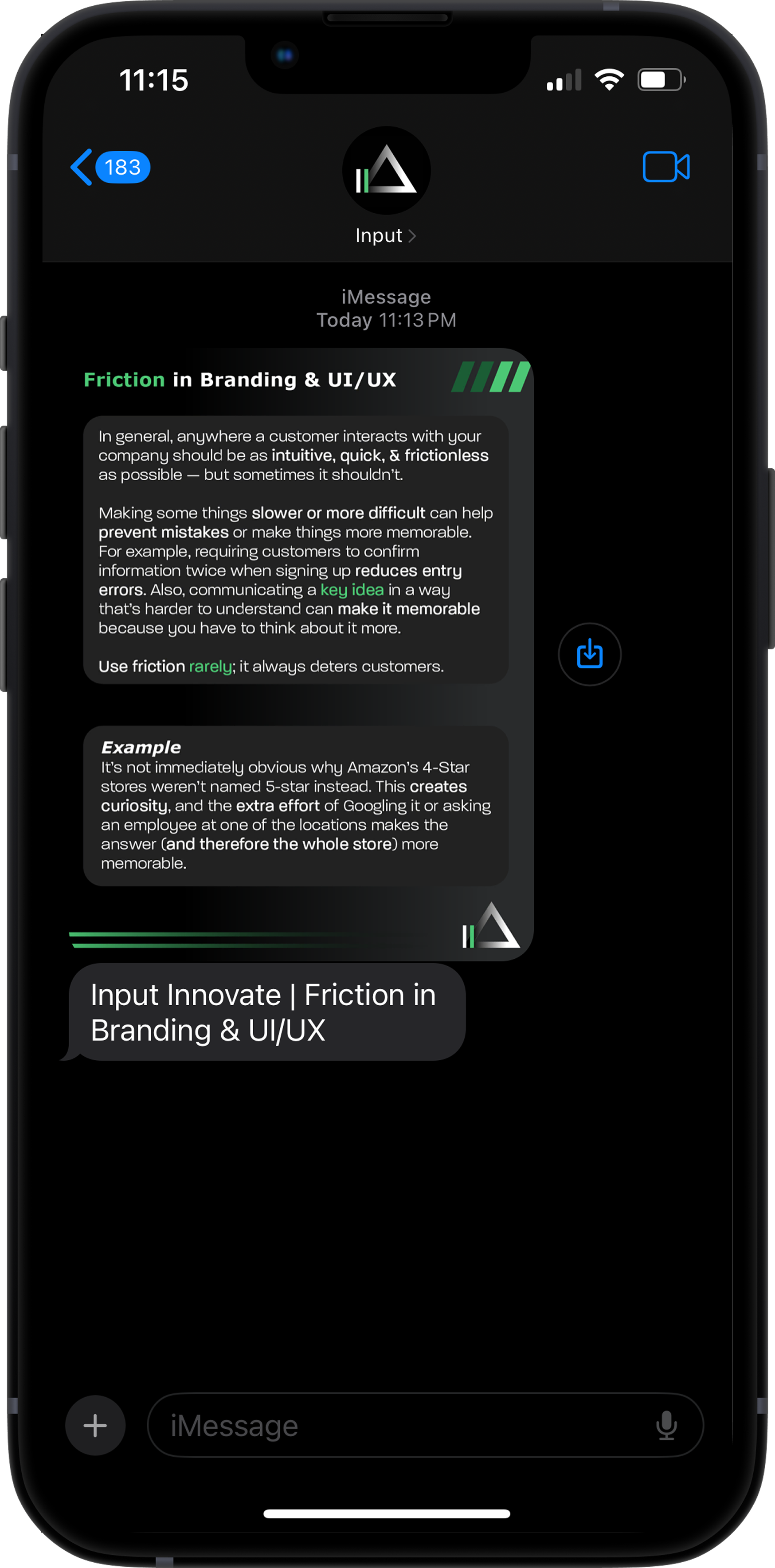 Phone showing a sample Input Innovate daily lesson message